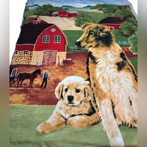 LinenCorp blanket Farm Dog Horse Barnyard scene large 70” x 62” fleece